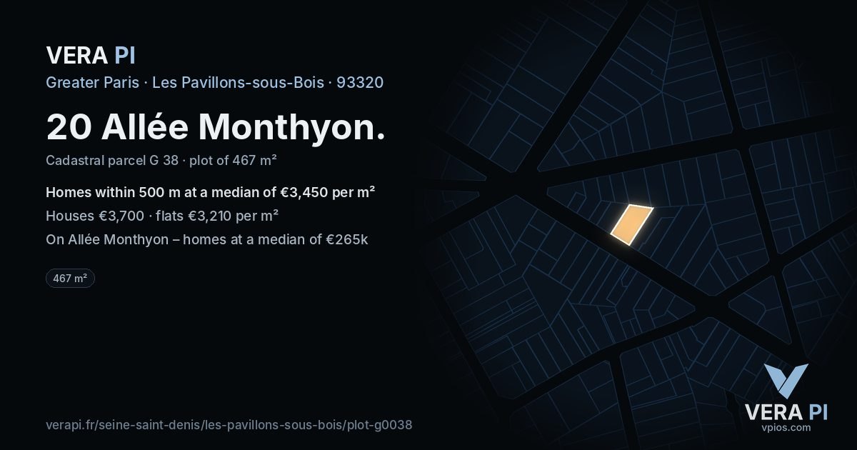20 Allée Monthyon, Les Pavillons-sous-Bois at night – the plot lit, the parcels around coloured by the prices near them