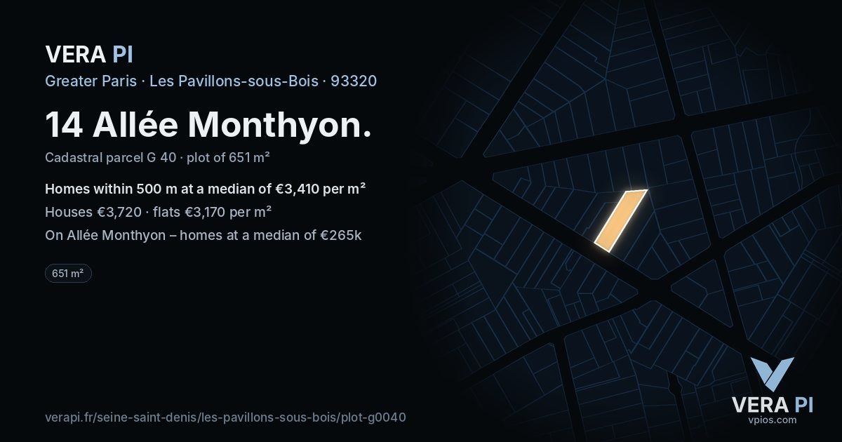 14 Allée Monthyon, Les Pavillons-sous-Bois at night – the plot lit, the parcels around coloured by the prices near them