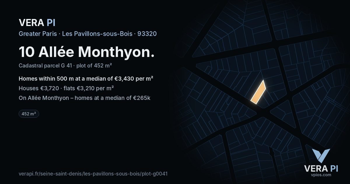10 Allée Monthyon, Les Pavillons-sous-Bois at night – the plot lit, the parcels around coloured by the prices near them