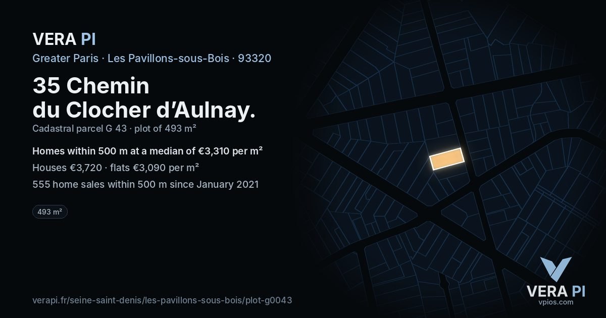 35 Chemin du Clocher d’Aulnay, Les Pavillons-sous-Bois at night – the plot lit, the parcels around coloured by the prices near them