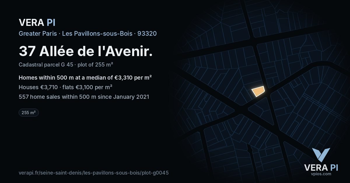 37 Allée de l'Avenir, Les Pavillons-sous-Bois at night – the plot lit, the parcels around coloured by the prices near them