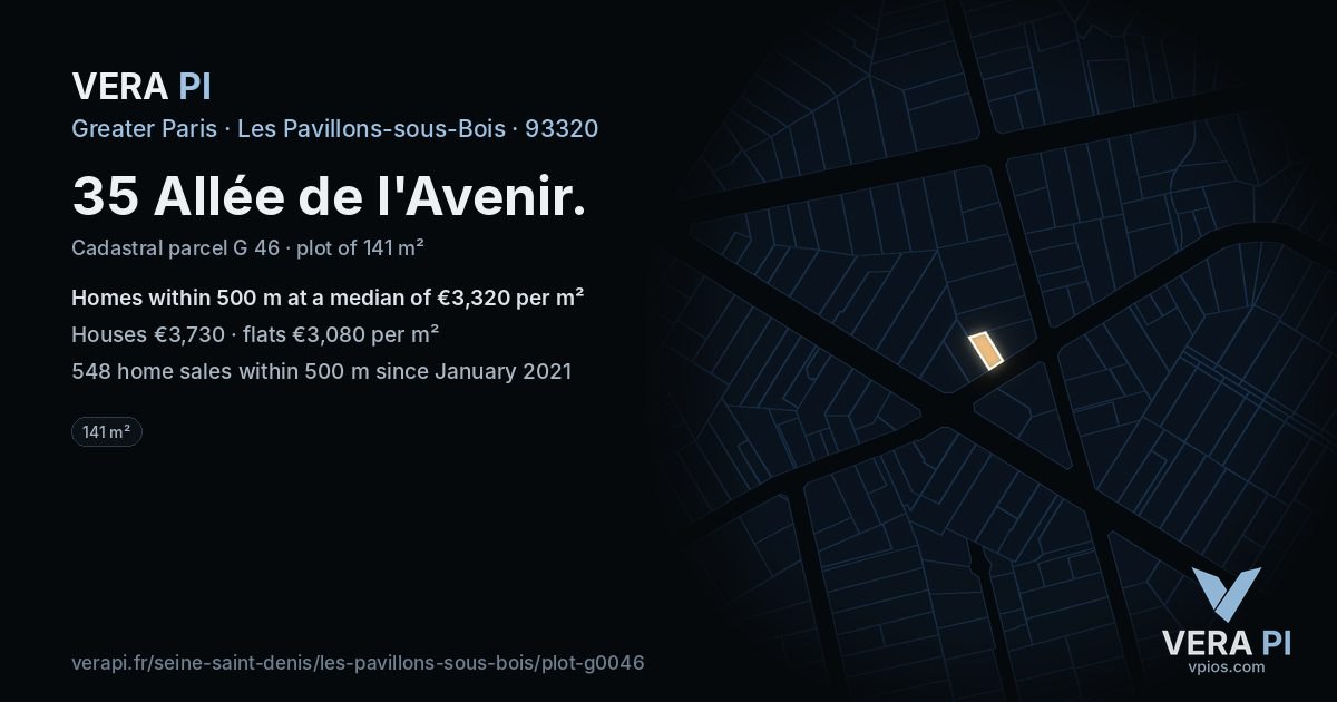 35 Allée de l'Avenir, Les Pavillons-sous-Bois at night – the plot lit, the parcels around coloured by the prices near them