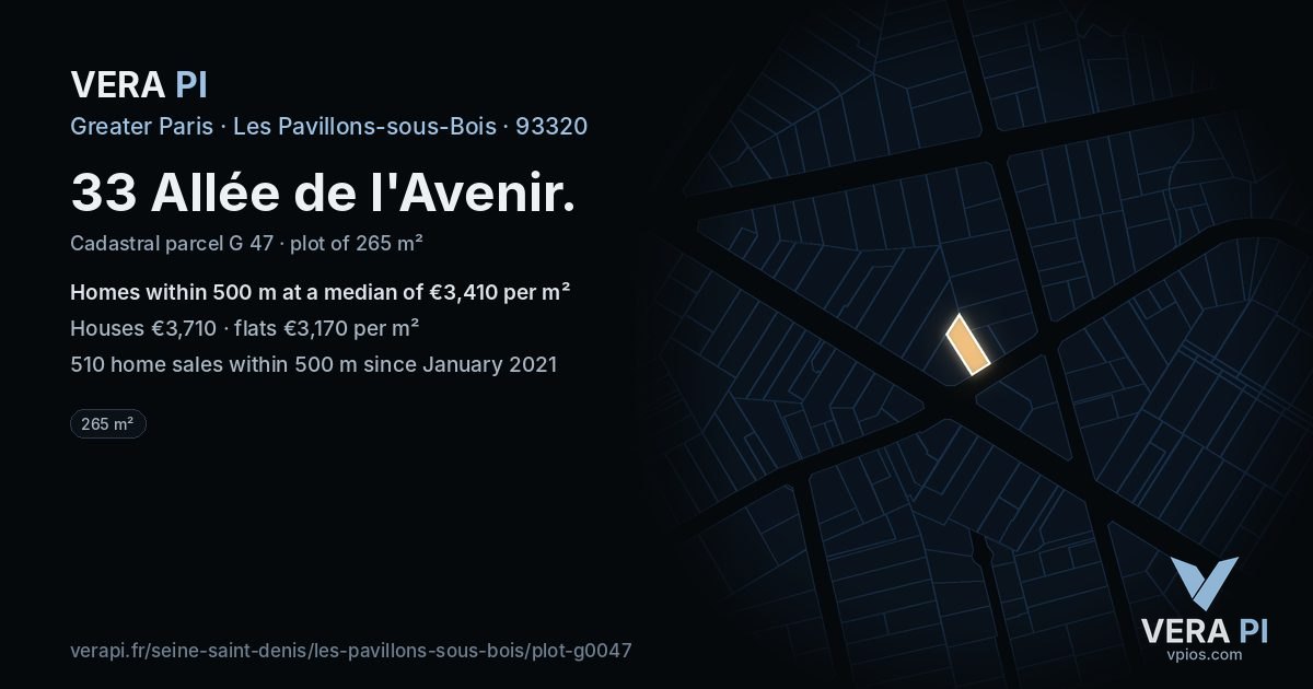 33 Allée de l'Avenir, Les Pavillons-sous-Bois at night – the plot lit, the parcels around coloured by the prices near them