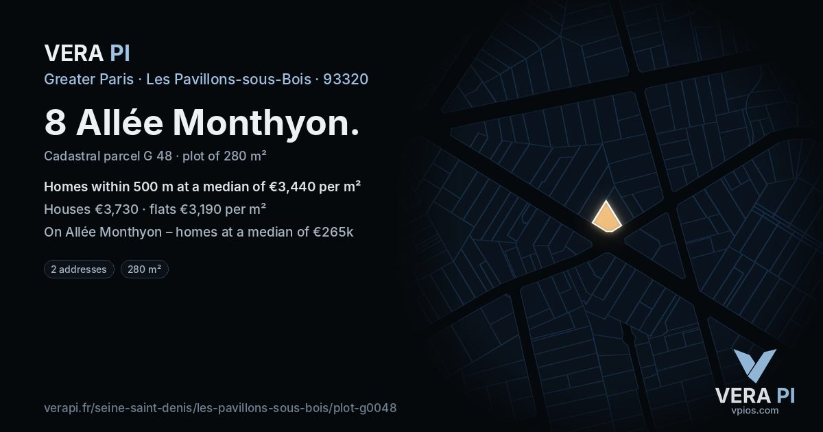 8 Allée Monthyon, Les Pavillons-sous-Bois at night – the plot lit, the parcels around coloured by the prices near them