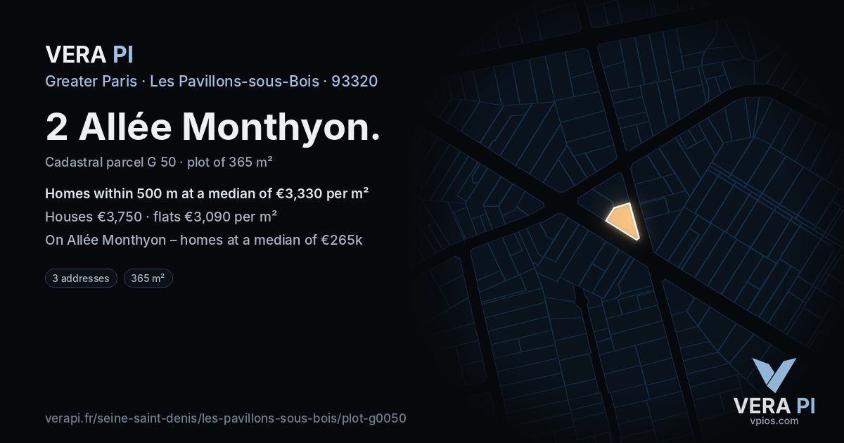 2 Allée Monthyon, Les Pavillons-sous-Bois at night – the plot lit, the parcels around coloured by the prices near them