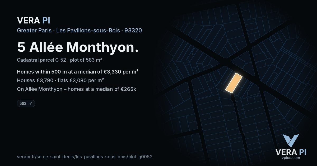 5 Allée Monthyon, Les Pavillons-sous-Bois at night – the plot lit, the parcels around coloured by the prices near them