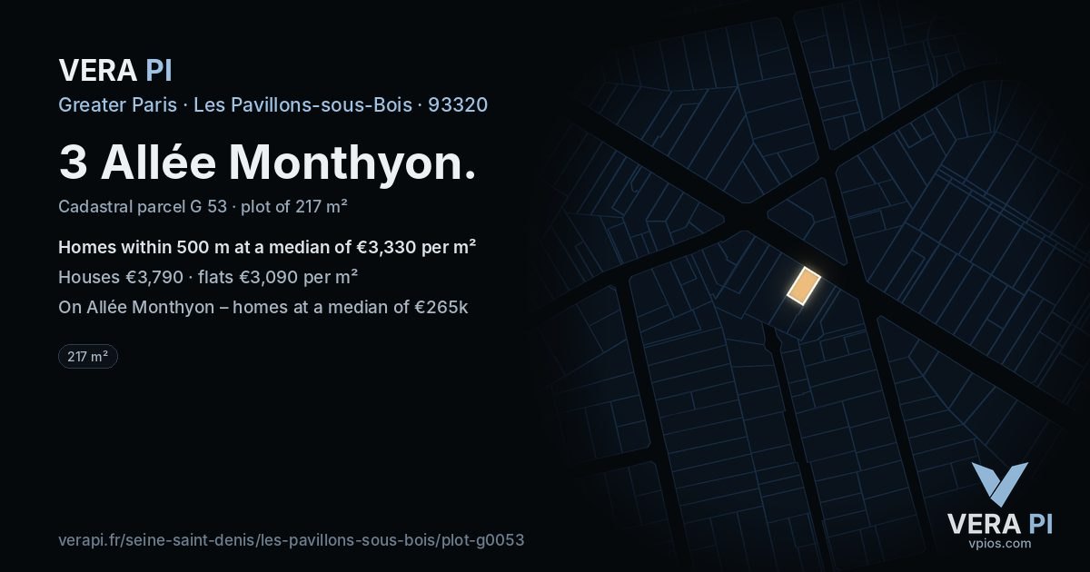 3 Allée Monthyon, Les Pavillons-sous-Bois at night – the plot lit, the parcels around coloured by the prices near them