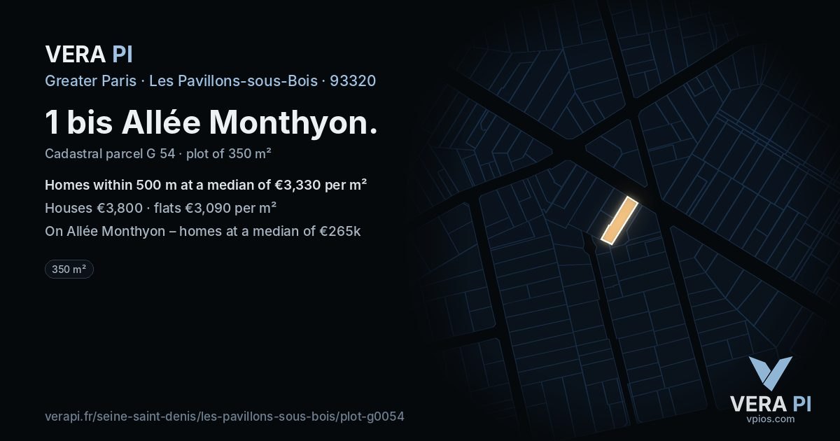 1 bis Allée Monthyon, Les Pavillons-sous-Bois at night – the plot lit, the parcels around coloured by the prices near them