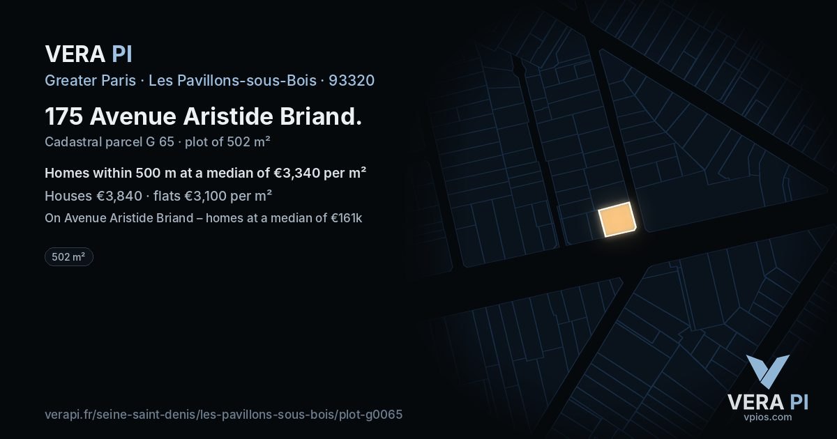 175 Avenue Aristide Briand, Les Pavillons-sous-Bois at night – the plot lit, the parcels around coloured by the prices near them