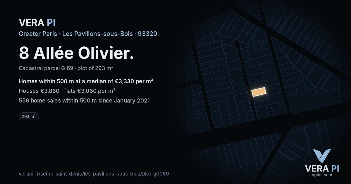 8 Allée Olivier, Les Pavillons-sous-Bois at night – the plot lit, the parcels around coloured by the prices near them