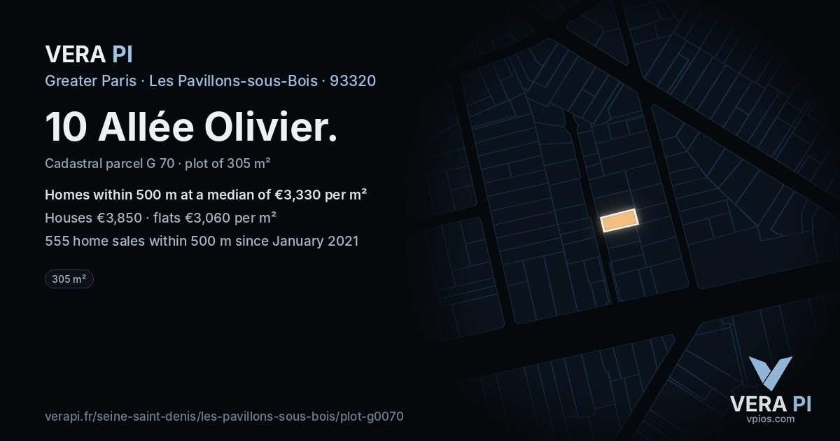 10 Allée Olivier, Les Pavillons-sous-Bois at night – the plot lit, the parcels around coloured by the prices near them
