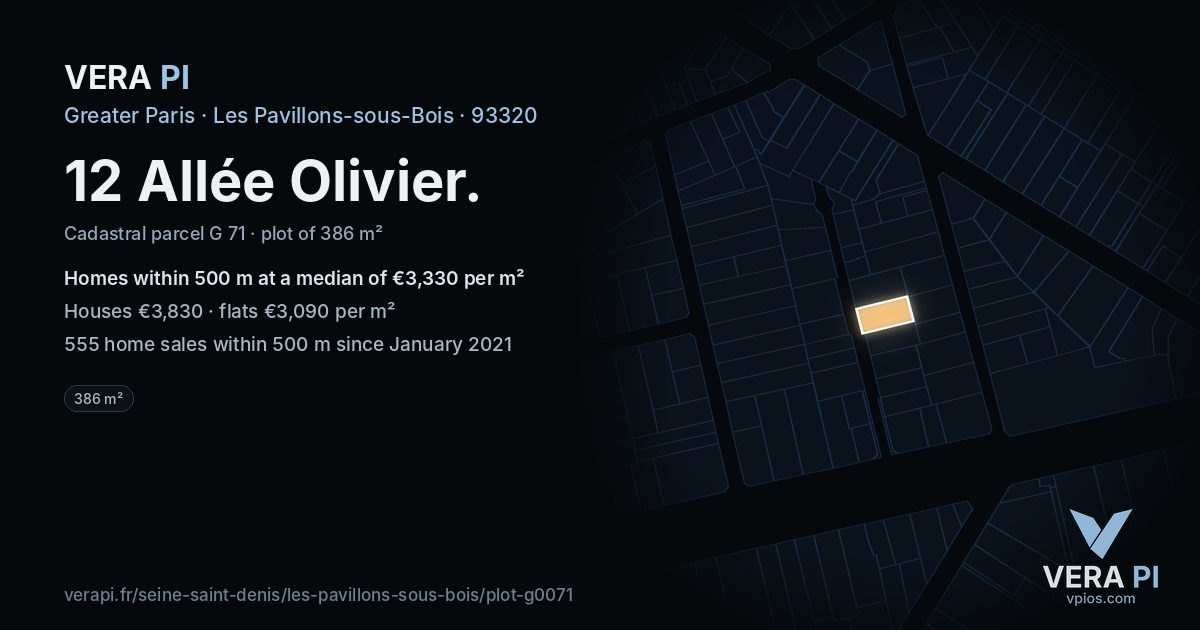 12 Allée Olivier, Les Pavillons-sous-Bois at night – the plot lit, the parcels around coloured by the prices near them