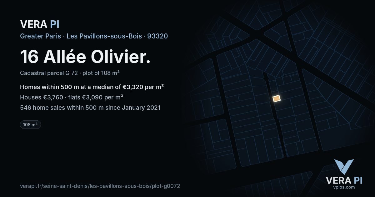 16 Allée Olivier, Les Pavillons-sous-Bois at night – the plot lit, the parcels around coloured by the prices near them
