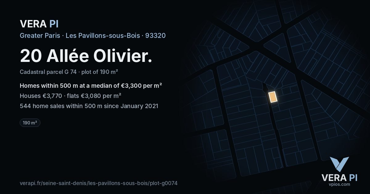 20 Allée Olivier, Les Pavillons-sous-Bois at night – the plot lit, the parcels around coloured by the prices near them