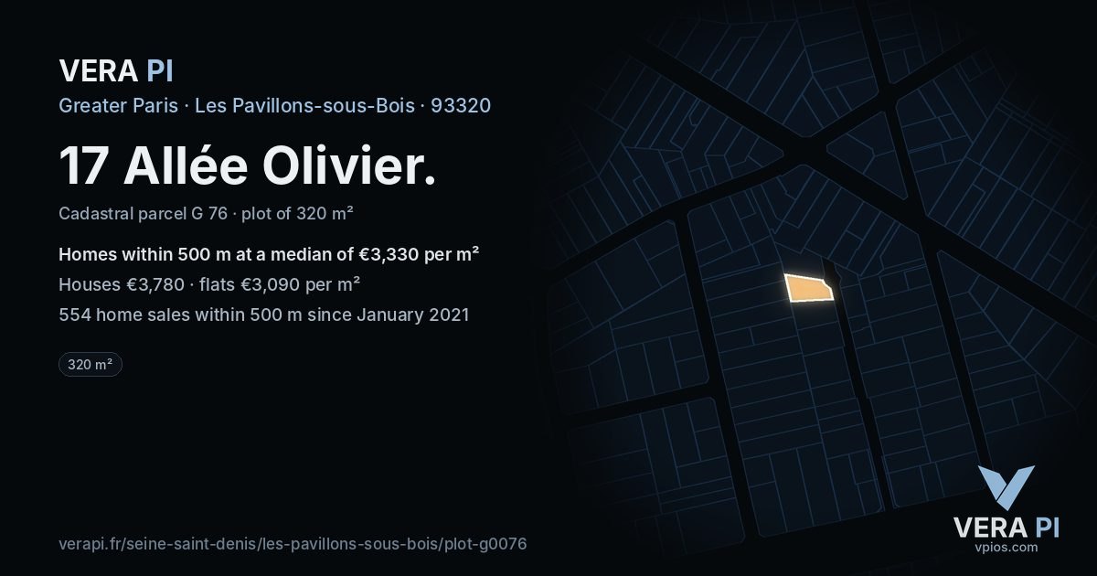 17 Allée Olivier, Les Pavillons-sous-Bois at night – the plot lit, the parcels around coloured by the prices near them