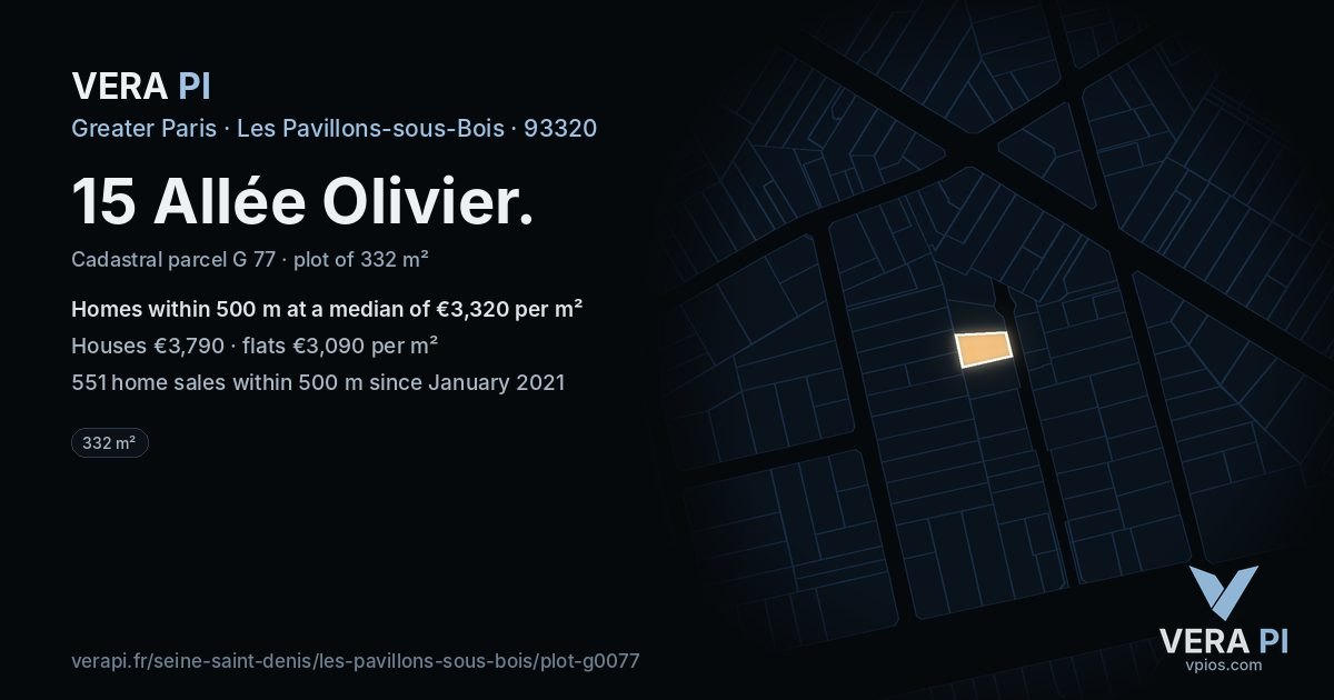 15 Allée Olivier, Les Pavillons-sous-Bois at night – the plot lit, the parcels around coloured by the prices near them