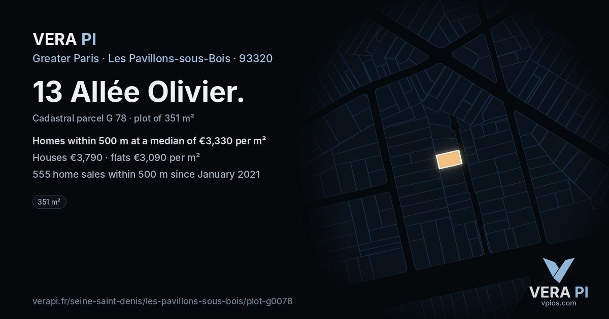 13 Allée Olivier, Les Pavillons-sous-Bois at night – the plot lit, the parcels around coloured by the prices near them