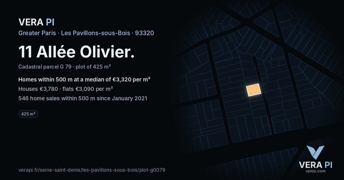 11 Allée Olivier, Les Pavillons-sous-Bois at night – the plot lit, the parcels around coloured by the prices near them