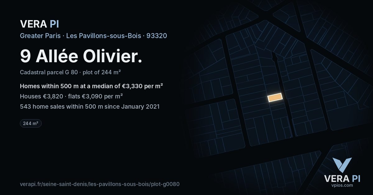 9 Allée Olivier, Les Pavillons-sous-Bois at night – the plot lit, the parcels around coloured by the prices near them