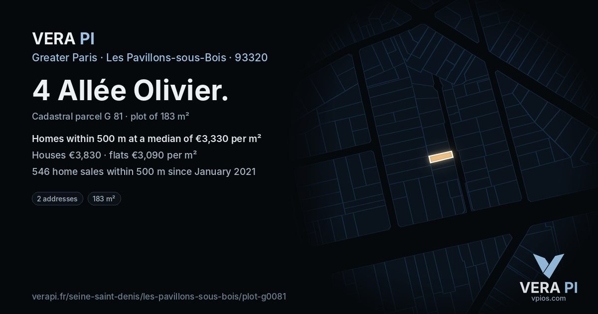 4 Allée Olivier, Les Pavillons-sous-Bois at night – the plot lit, the parcels around coloured by the prices near them