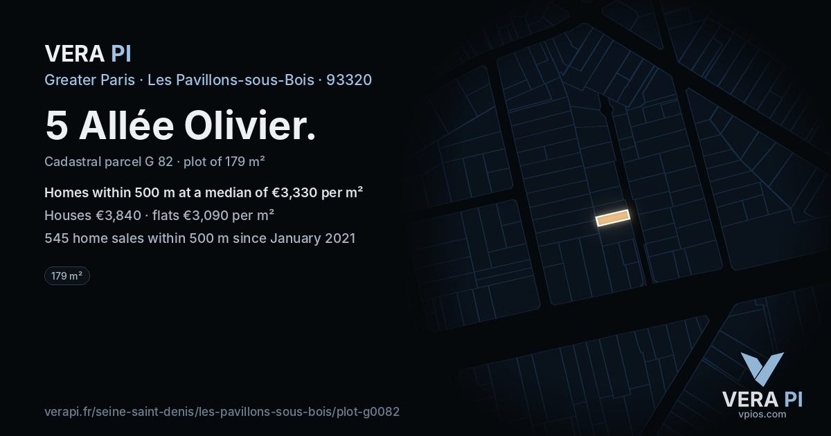 5 Allée Olivier, Les Pavillons-sous-Bois at night – the plot lit, the parcels around coloured by the prices near them