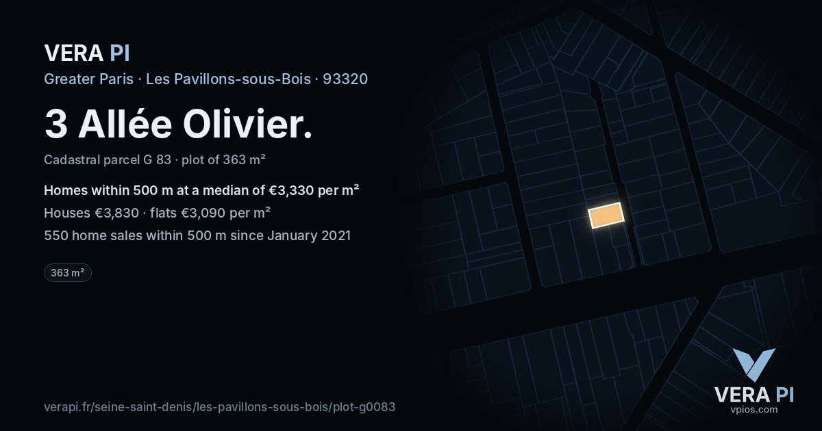 3 Allée Olivier, Les Pavillons-sous-Bois at night – the plot lit, the parcels around coloured by the prices near them