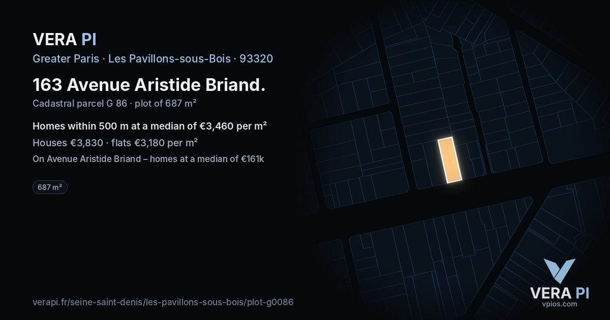 163 Avenue Aristide Briand, Les Pavillons-sous-Bois at night – the plot lit, the parcels around coloured by the prices near them