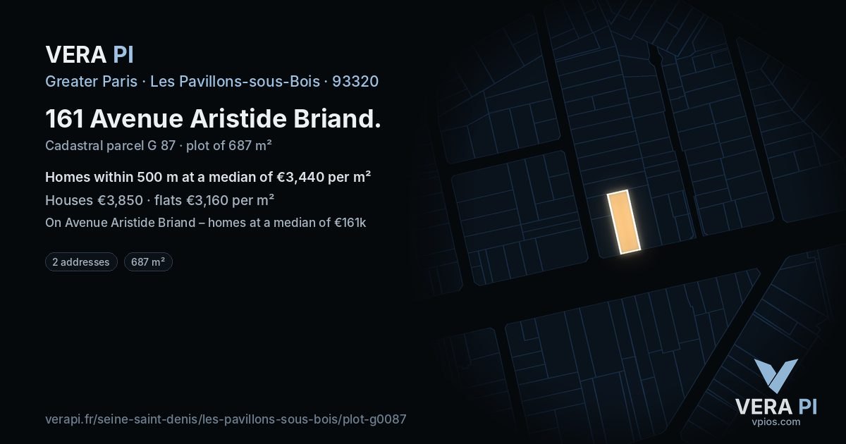 161 Avenue Aristide Briand, Les Pavillons-sous-Bois at night – the plot lit, the parcels around coloured by the prices near them