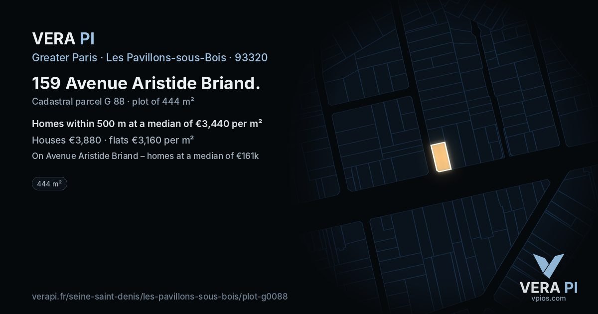 159 Avenue Aristide Briand, Les Pavillons-sous-Bois at night – the plot lit, the parcels around coloured by the prices near them