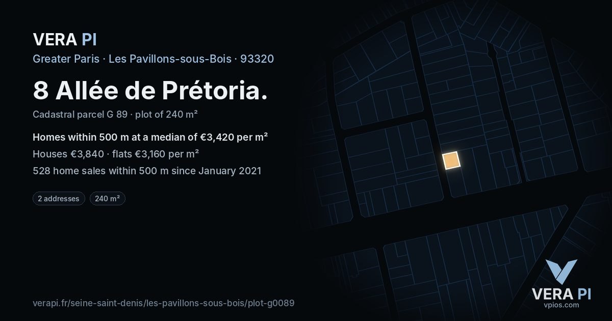 8 Allée de Prétoria, Les Pavillons-sous-Bois at night – the plot lit, the parcels around coloured by the prices near them