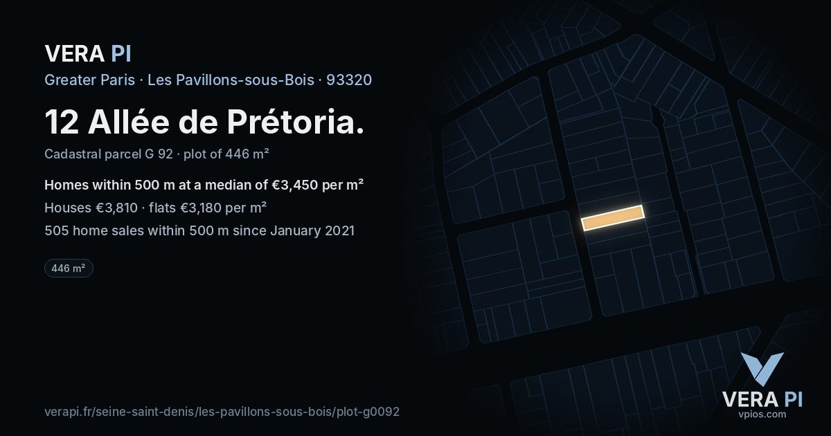 12 Allée de Prétoria, Les Pavillons-sous-Bois at night – the plot lit, the parcels around coloured by the prices near them