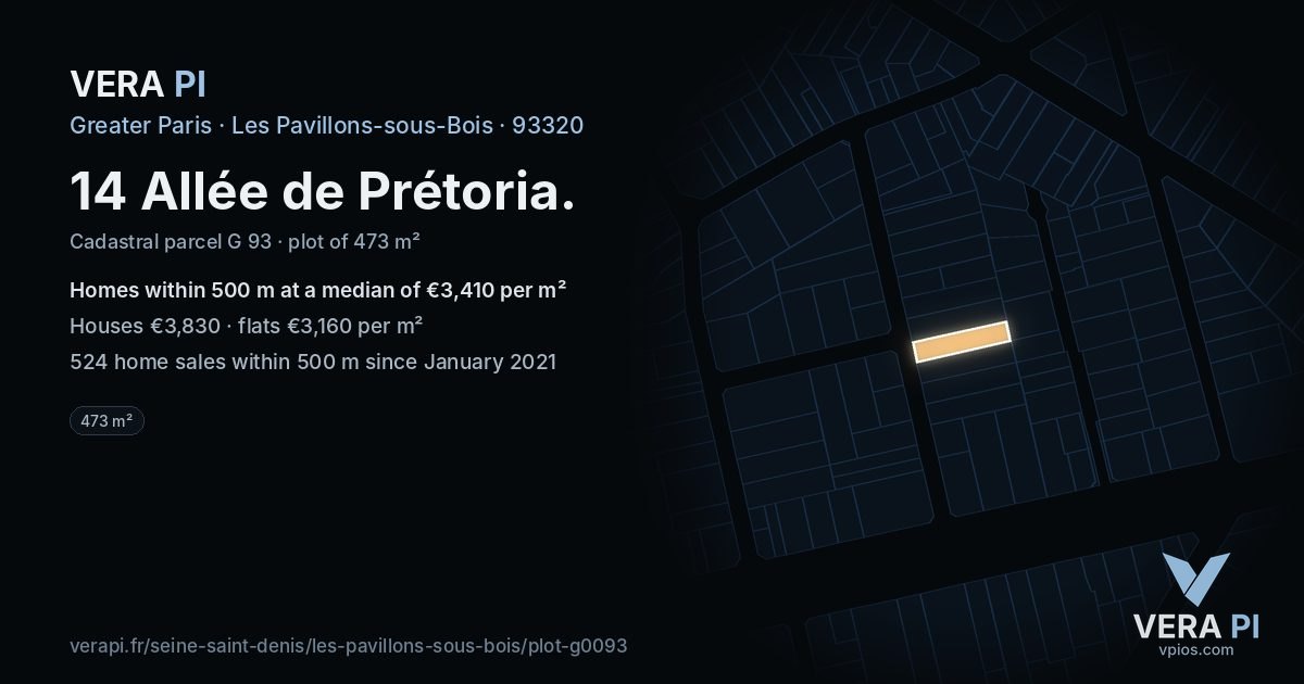 14 Allée de Prétoria, Les Pavillons-sous-Bois at night – the plot lit, the parcels around coloured by the prices near them
