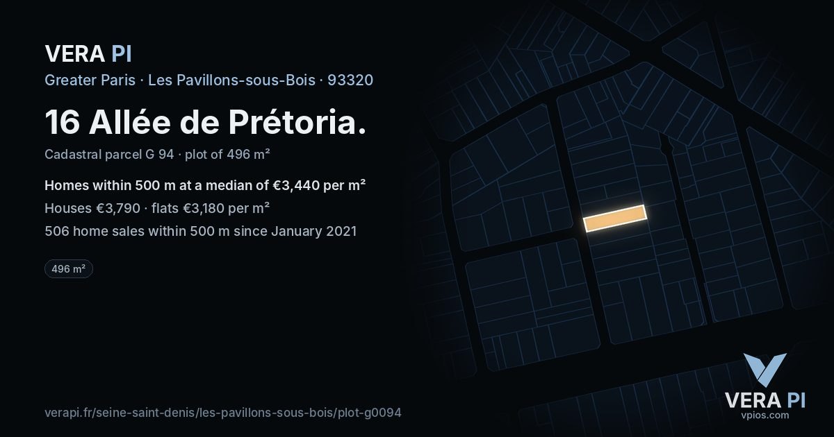 16 Allée de Prétoria, Les Pavillons-sous-Bois at night – the plot lit, the parcels around coloured by the prices near them