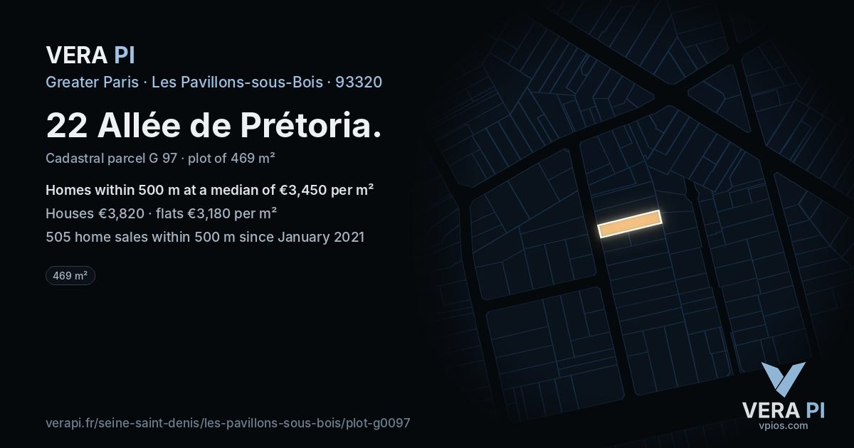 22 Allée de Prétoria, Les Pavillons-sous-Bois at night – the plot lit, the parcels around coloured by the prices near them