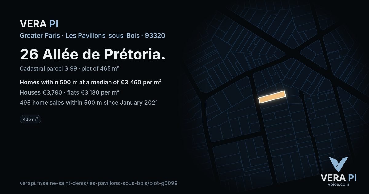 26 Allée de Prétoria, Les Pavillons-sous-Bois at night – the plot lit, the parcels around coloured by the prices near them