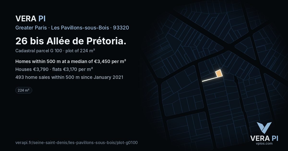 26 bis Allée de Prétoria, Les Pavillons-sous-Bois at night – the plot lit, the parcels around coloured by the prices near them