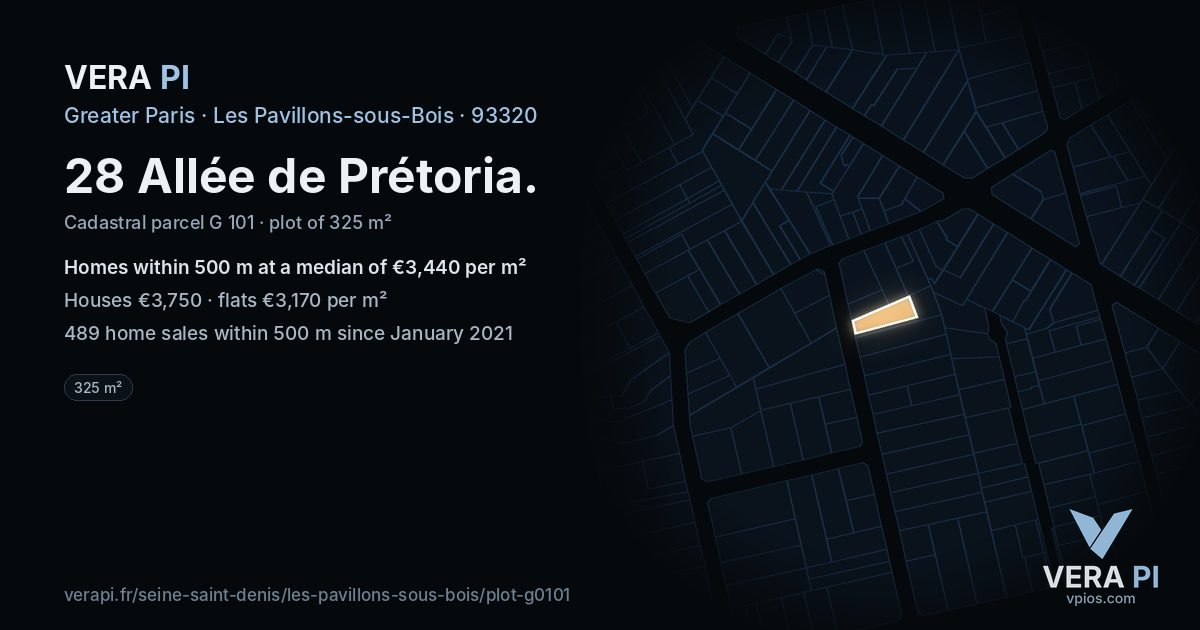 28 Allée de Prétoria, Les Pavillons-sous-Bois at night – the plot lit, the parcels around coloured by the prices near them