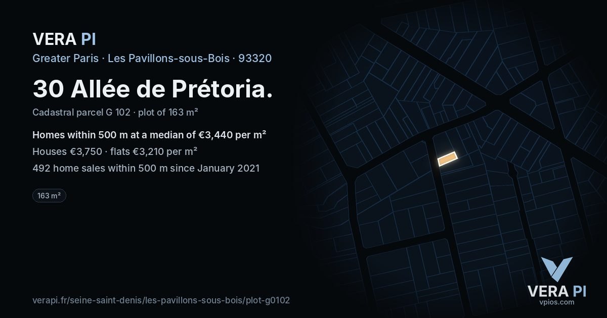 30 Allée de Prétoria, Les Pavillons-sous-Bois at night – the plot lit, the parcels around coloured by the prices near them