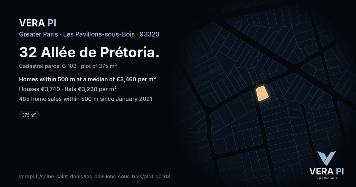 32 Allée de Prétoria, Les Pavillons-sous-Bois at night – the plot lit, the parcels around coloured by the prices near them