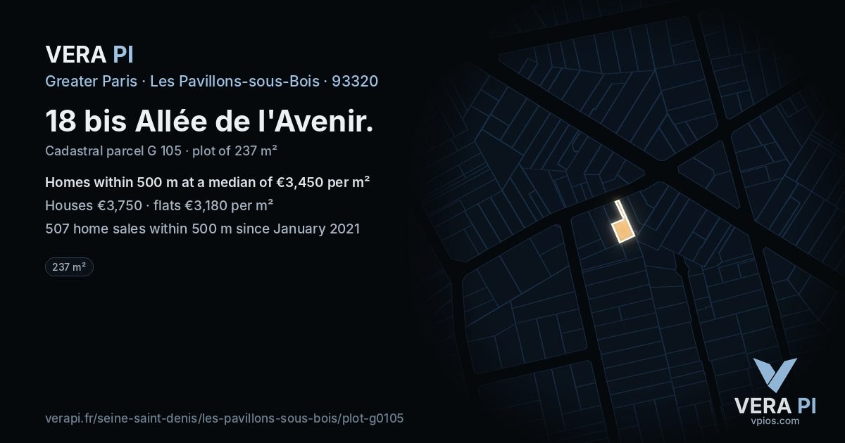 18 bis Allée de l'Avenir, Les Pavillons-sous-Bois at night – the plot lit, the parcels around coloured by the prices near them