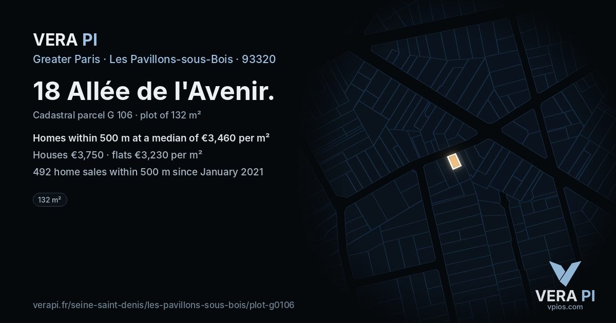 18 Allée de l'Avenir, Les Pavillons-sous-Bois at night – the plot lit, the parcels around coloured by the prices near them