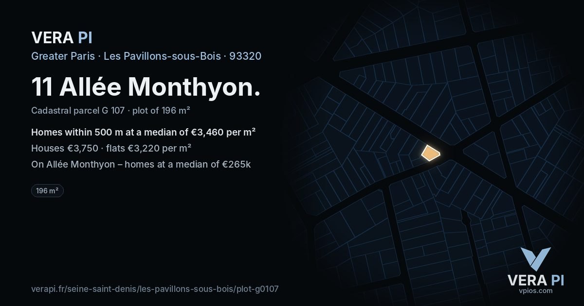 11 Allée Monthyon, Les Pavillons-sous-Bois at night – the plot lit, the parcels around coloured by the prices near them