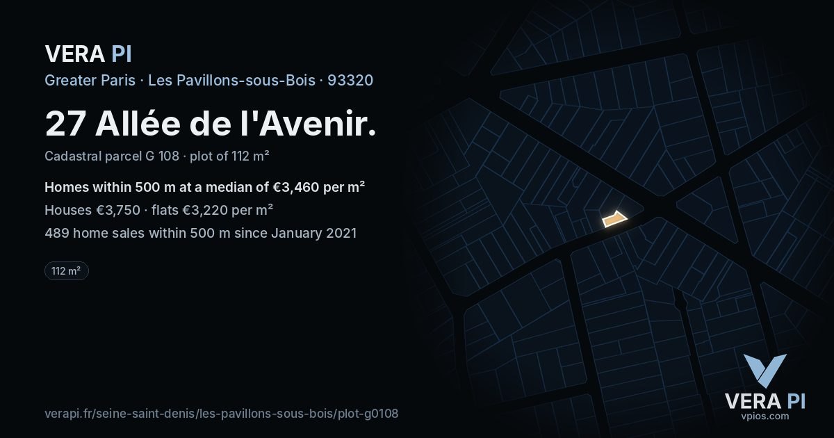 27 Allée de l'Avenir, Les Pavillons-sous-Bois at night – the plot lit, the parcels around coloured by the prices near them