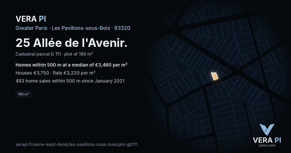 25 Allée de l'Avenir, Les Pavillons-sous-Bois at night – the plot lit, the parcels around coloured by the prices near them