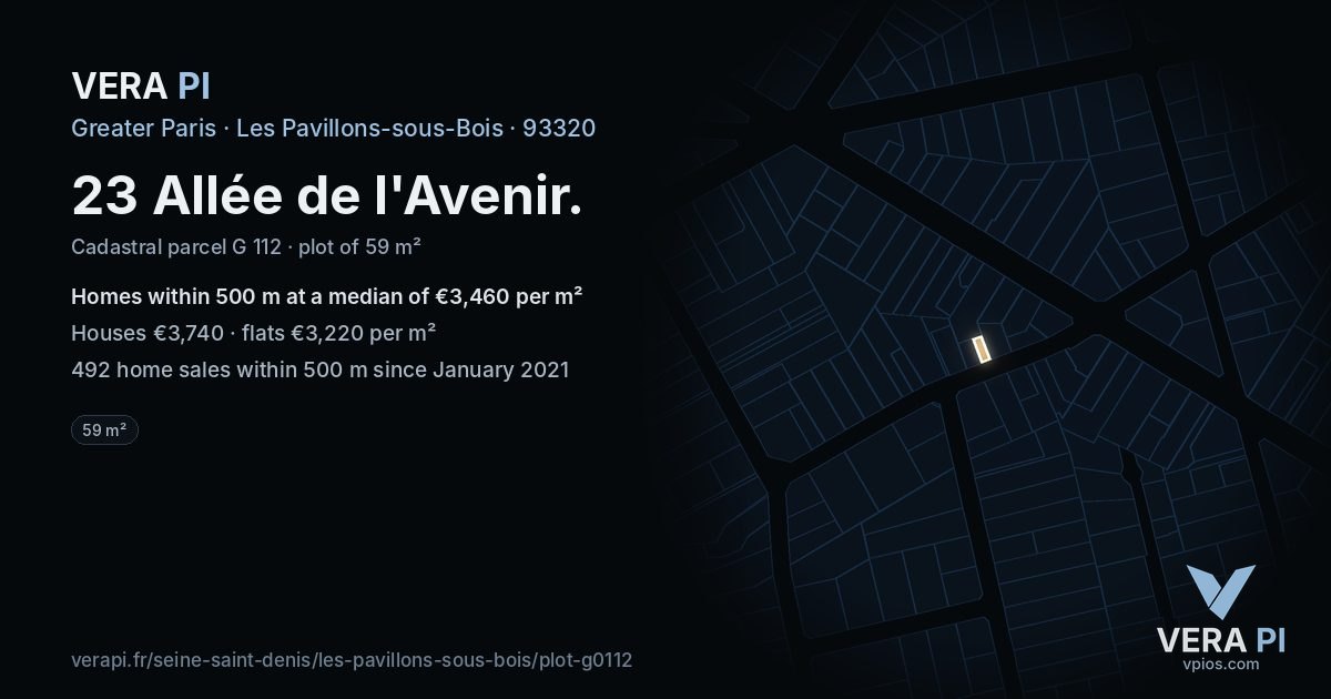 23 Allée de l'Avenir, Les Pavillons-sous-Bois at night – the plot lit, the parcels around coloured by the prices near them
