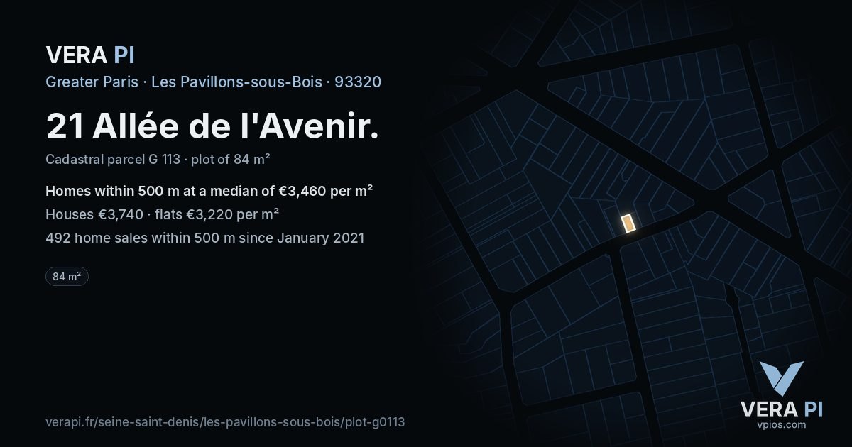 21 Allée de l'Avenir, Les Pavillons-sous-Bois at night – the plot lit, the parcels around coloured by the prices near them