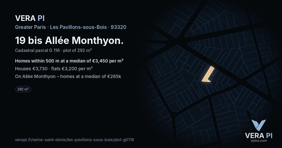 19 bis Allée Monthyon, Les Pavillons-sous-Bois at night – the plot lit, the parcels around coloured by the prices near them