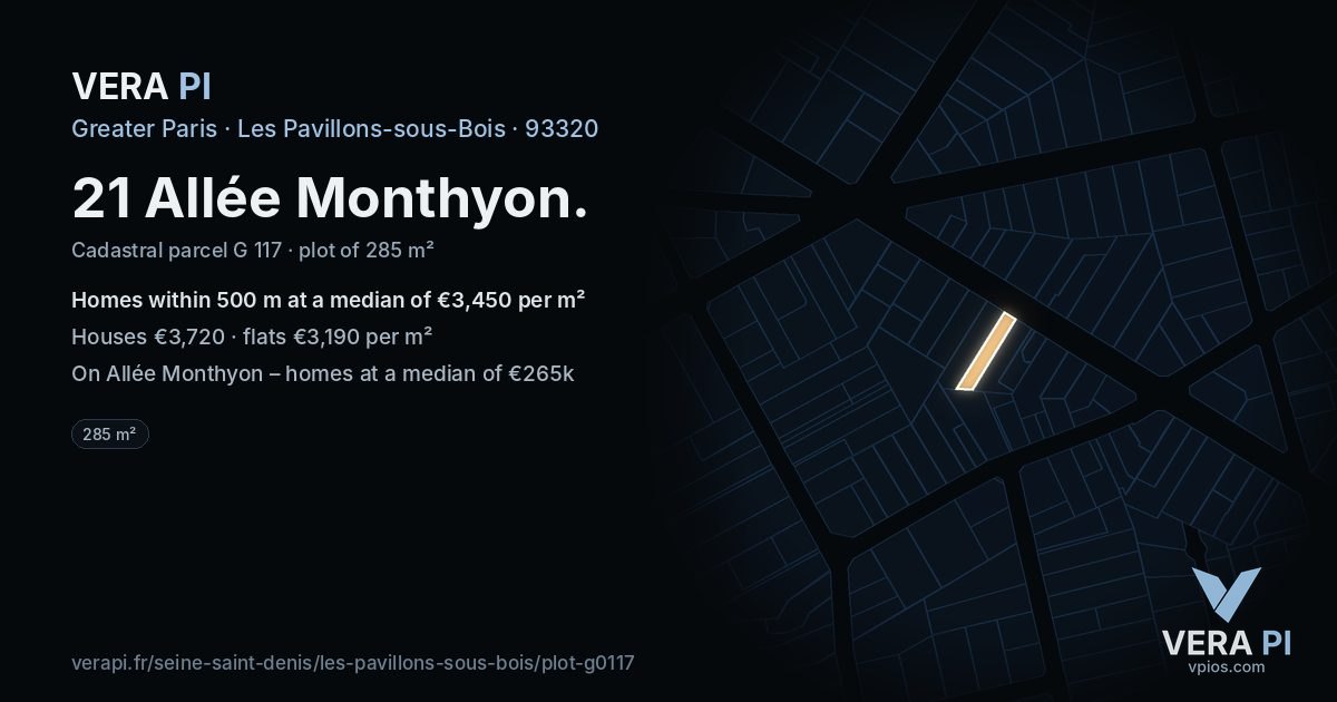 21 Allée Monthyon, Les Pavillons-sous-Bois at night – the plot lit, the parcels around coloured by the prices near them
