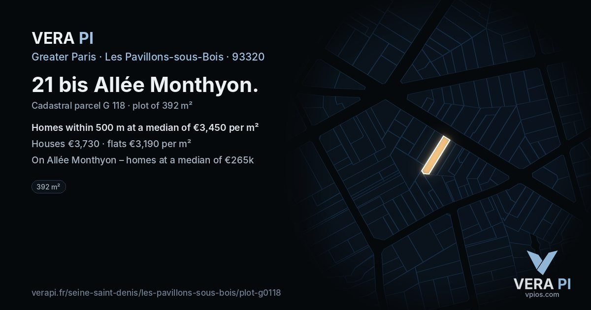 21 bis Allée Monthyon, Les Pavillons-sous-Bois at night – the plot lit, the parcels around coloured by the prices near them