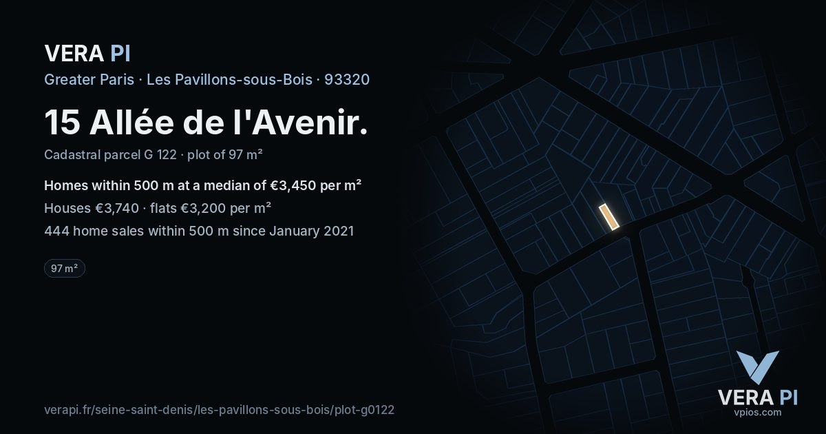 15 Allée de l'Avenir, Les Pavillons-sous-Bois at night – the plot lit, the parcels around coloured by the prices near them